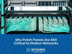 Feature_A close-up shot reveals a network server rack densely packed with teal fiber optic cables neatly organized and connected to various ports.
