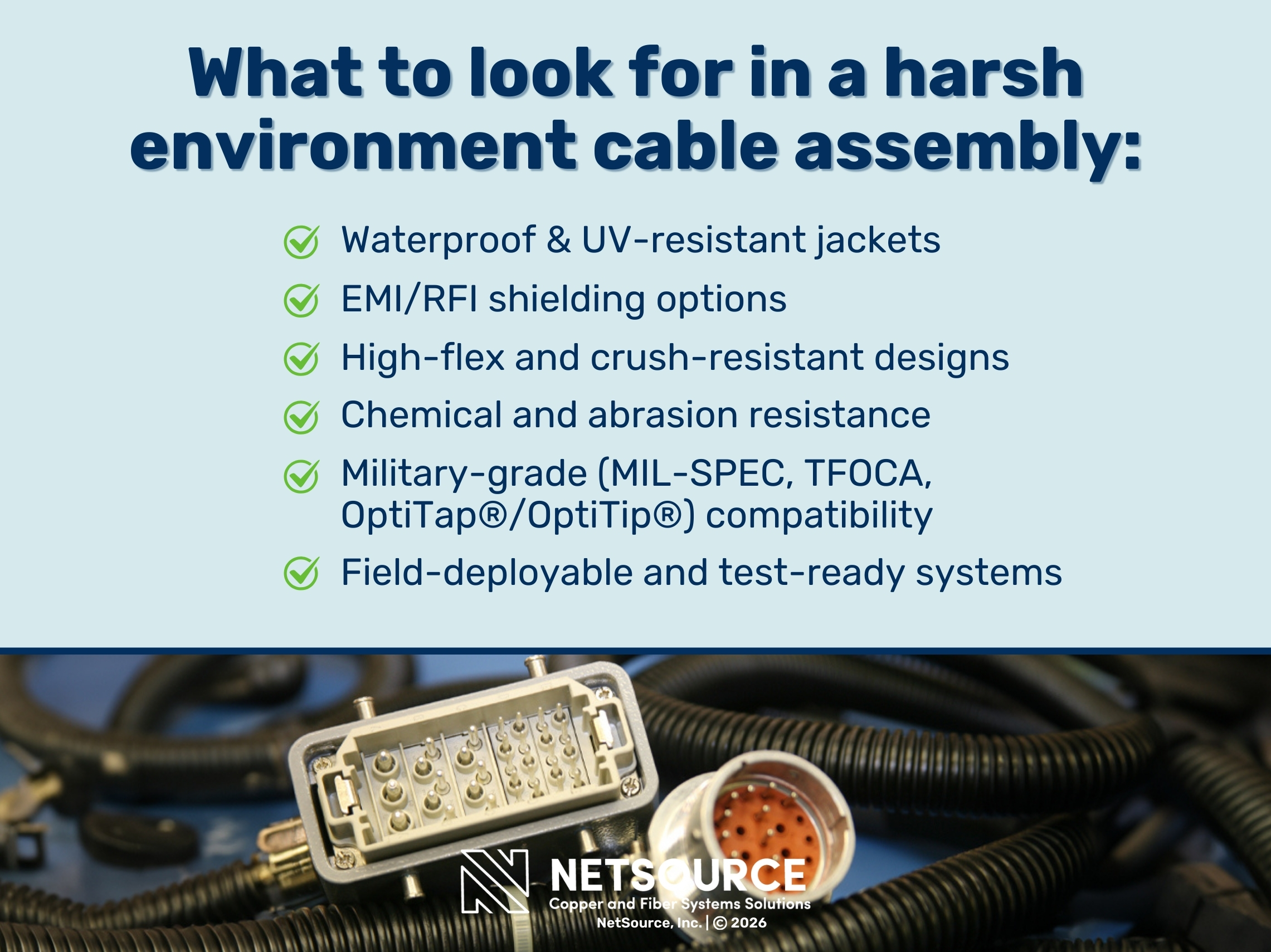 Rugged industrial electrical connectors and corrugated cables.