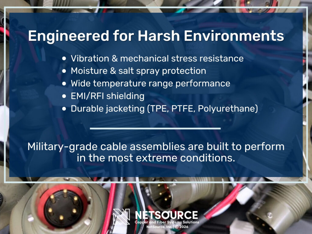 Rugged circular connectors and cables. Five attributes of military cable assemblies for harsh environments listed.