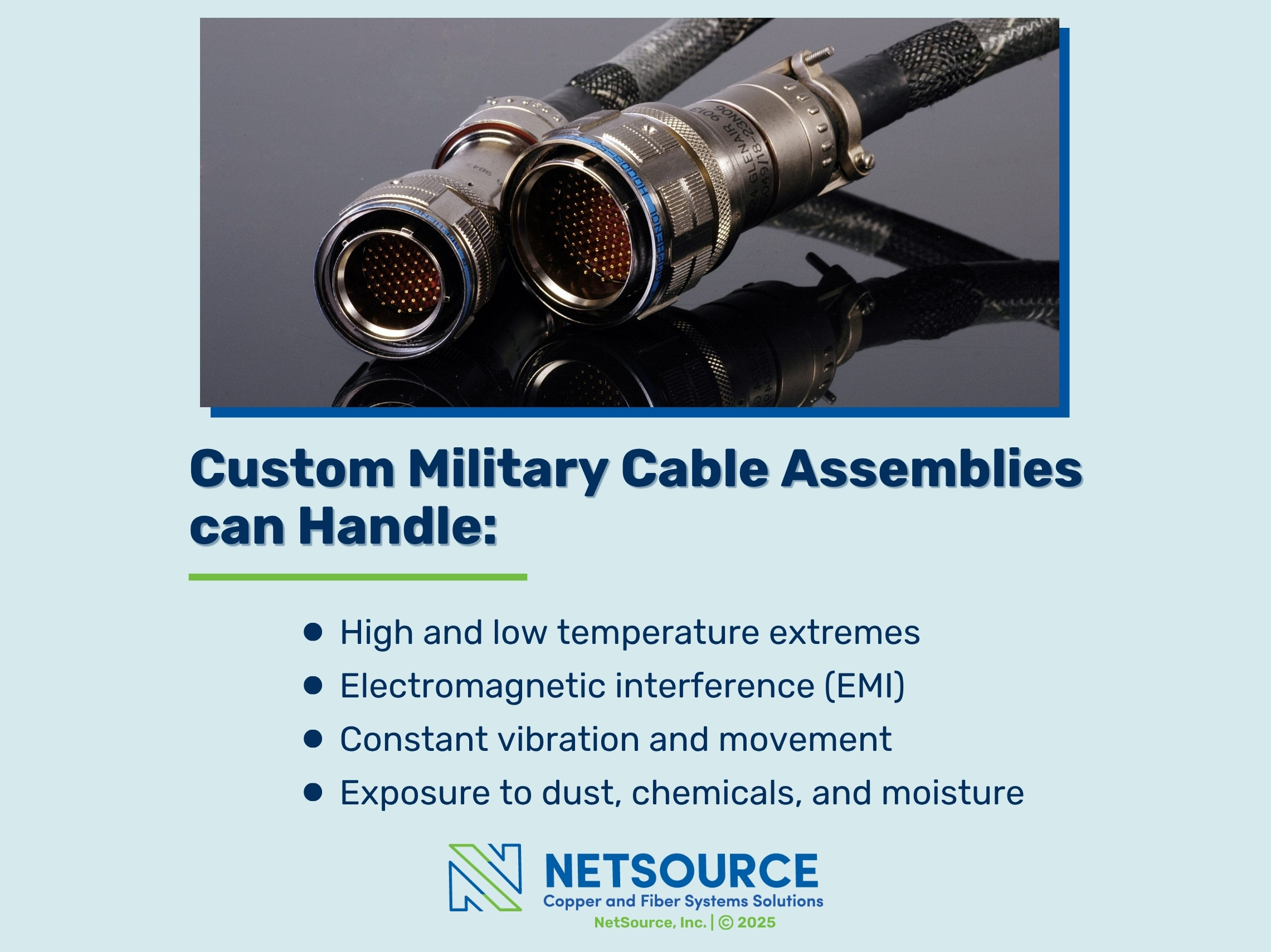 Two heavy-duty multi-pin circular connectors attached to braided cables, reflecting on a glossy black surface.