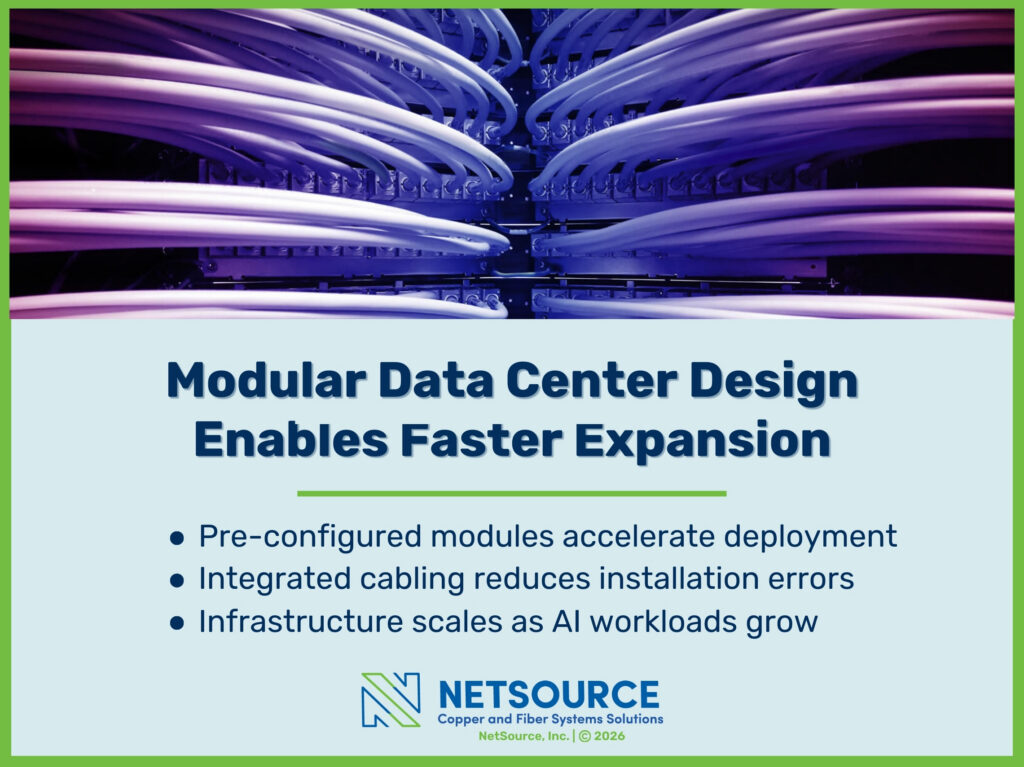 Rows of light-colored network cables. Three ways modular data center design enables faster expansion.