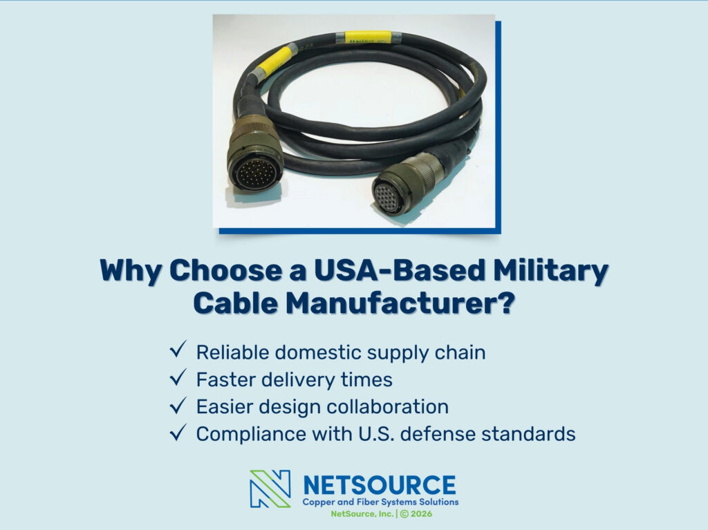Coiled black cable with military style connectors. Four reasons to choose a USA-based military cable manufacturer listed. 