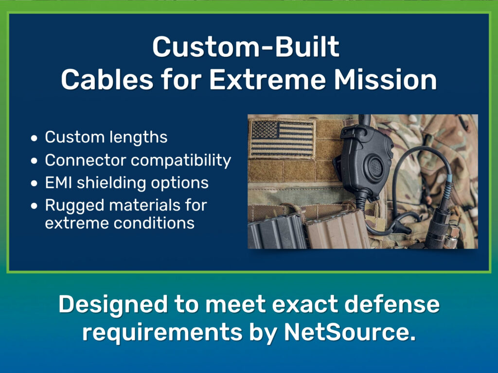 Military gear with a connected cable attached to uniform. Four features of custom-built cables for extreme missions.