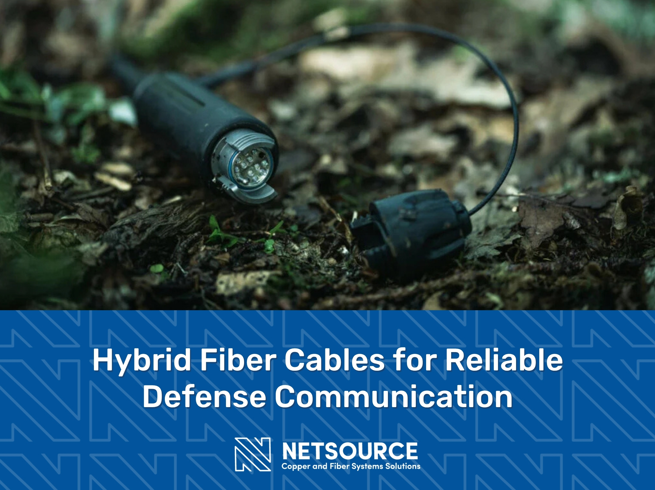 Rugged cable connector lies on forest ground. Article title.