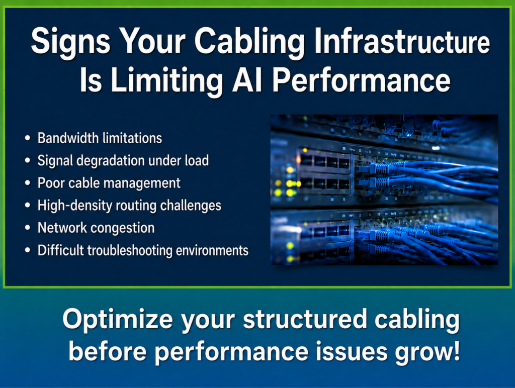 Close-up of network setup inside dark server room. 6 signs your cabling infrastructure limits AI performance.
