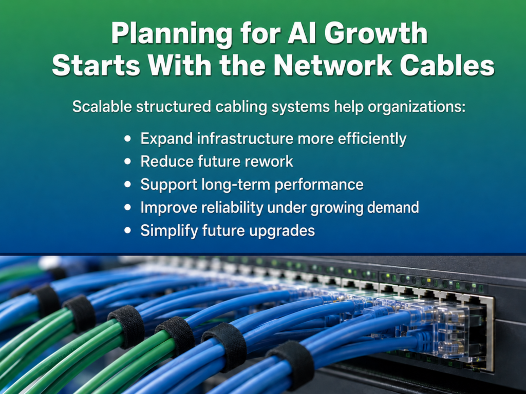 Blue and green network cables plugged into cabling switch system- five ways to plan for AI growth with structured cabling systems