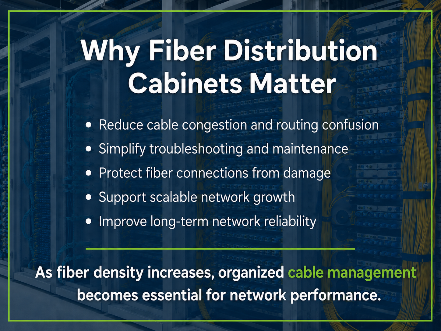 Rows of fiber distribution frames with carefully routed cable bundles.
