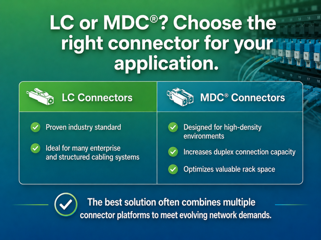 Comparison graphic of LC and MDC® fiber connectors. Choose the right connector for your application.