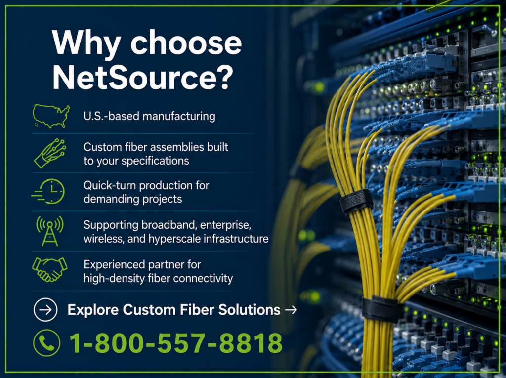 Closeup of high-density network rack. Five reasons to choose NetSource for custom fiber solutions.