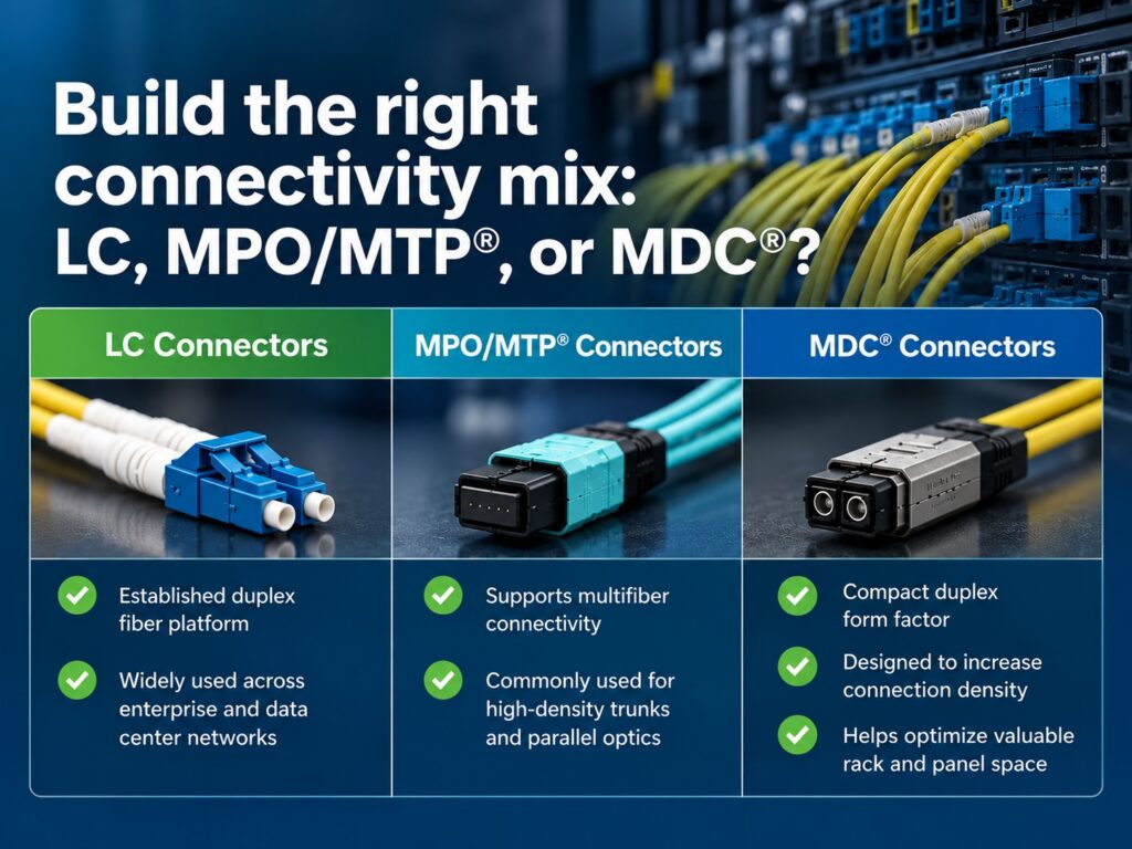 Comparison of LC, MPO/MTP®, and MDC connector platforms.