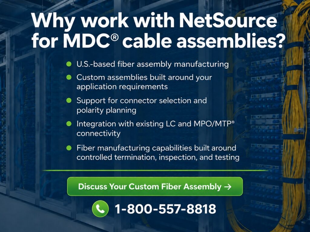 Fiber cables laid in frames. Five reasons to work with NetSource for MDC® cable assembly.