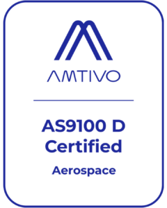 AS9100D certified aerospace quality management system badge from Amtivo.