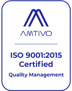 ISO 9001:2015 certified quality management system badge from Amtivo.