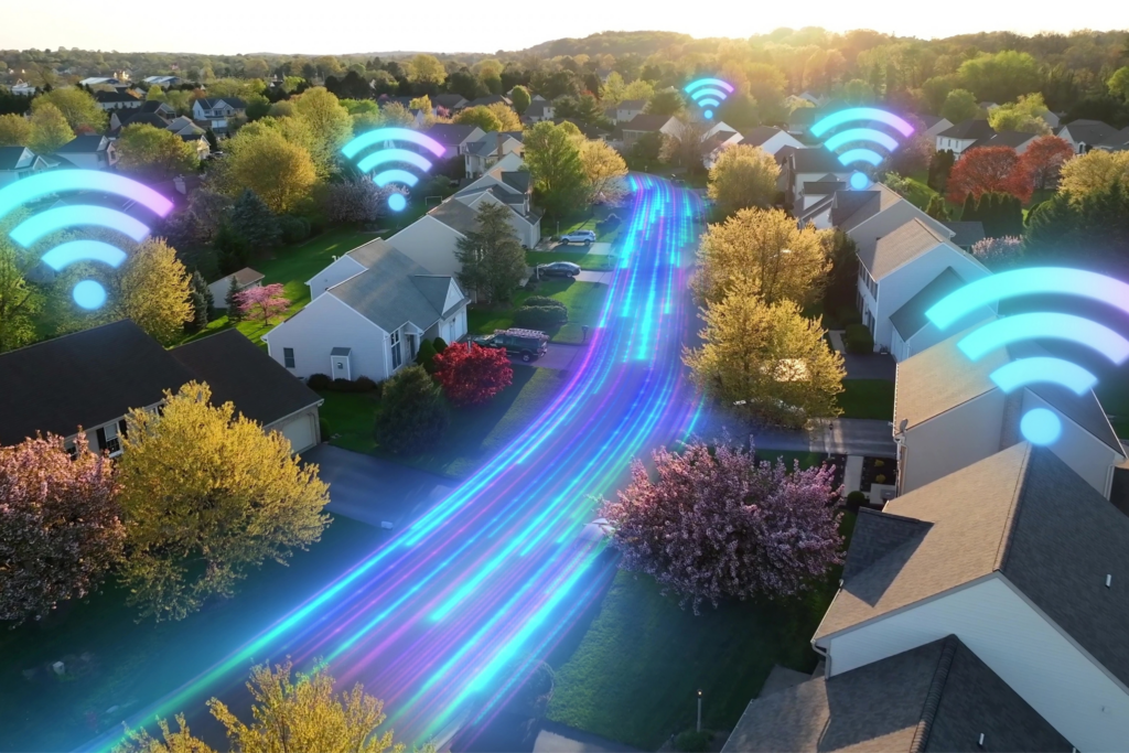 Aerial illustration of a residential neighborhood with glowing network connections and Wi-Fi symbols representing broadband connectivity.
